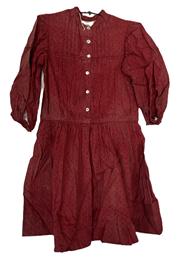 (i308) Mid-19th century Childs Turkey Red cotton dress with pearl buttons. Childrens clothing was made with additional tucks that could be let out as the child grew. The fading at the tuck seams of this example provides evidence this dress was used for a long period of time as several tucks have been let out and show various degrees of fading. There is extensive deterioration of the fabric  which is common with Turkey Red prints - due to ingredients used in the dye process to create the distinctive color. Circa 1850s-1860s.  