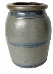 G623 Mid 1800s West Virginia striper crock with three (3) cobalt stripes. Wide squared top rim with tooled shoulder that rounds to a cylindrical bottom. Slight, tight hairline crack on bottom. Top rim is out of round.