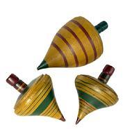 M119 Group of three late 19th century to early 20th century turned wood spinning tops with original mustard, green and red hand painted surfaces. All three are solid wood. The two smaller ones measure ~4 ½” tall and the largest measures ~6 ¼” tall.