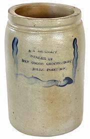 G928 Very rare and unusual Cambridge Maryland Crock S.E. LE COMPT Hills Point MD store advertising stoneware crock Rare Stoneware Jar with Cobalt Floral Decoration, Baltimore, MD origin, circa 1875 