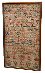 K287 Early 19th century identified and dated, hand-stitched sampler by Jane Mc Creath Aged 9 in the year 1841.  A verse: Remember now thy Creator in the days of thy youth * Jesus wept and a row of initials is stitched below the alphabet bands. Sampler is stitched with what appears to be cotton threads over linen material and boasts blues, golden browns, tans, green, and blue colors.  The top portion of the sampler features a band with a row of flowers / vines over bands of double alphabet and the numbers 1-10, along with bands of partial alphabets (letters a-v, a-s, and A-P) Geometric bands separate the rows. Various versions of flowers, trees, birds and crowns adorn the lower field of the sampler. Minor stitching losses throughout however the colors remain vibrant and the fabric is remarkably preserved for its age. Wire on back for hanging purposes. Framed measurements are 10 ¼ wide x ½ thick x 17 ½ tall. 