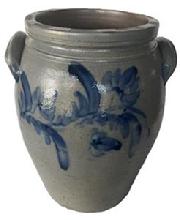 **SOLD** L220 19th century mid-Atlantic cobalt blue decorated 4-Gallon Stoneware Crock. Ovoid shape with tooled shoulder, grooved collar with squared rim and applied lug handles. Prominently stamped �4� beneath one of the handles. Fantastic hand brushed Cobalt flowers and leaves encircle the crock along the shoulder and below the handles. Circa 1840s-1860s. Measurements: 8� diameter (bottom) x 8 &frac14;�- 8 &frac12;� diameter (top) x 14 &frac12;� tall