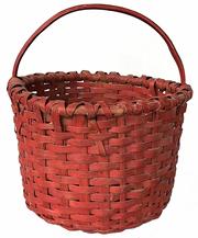 **SOLD** H1035 Sturdy, hand-woven Pennsylvania gathering basket retaining its original red painted surface. Very well made with double wrapped rim, steamed and bent hand hewn handle and bumped up bottom for air circulation. Great condition. 