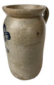 G148 19th century 1 gallon blue decorated stoneware butter churn, Baltimore, MD circa 1850-70. single handles and bold double flowers on front The crock stands 