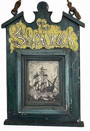 RM1532 Folk Art wooden Sign advertising "The Shipwreck Est. 1786". Original painted surface with a sinking ship painted in the center that is framed by decorative molding. Nice, architectural cut out top. Very heavy, solid wood with old iron hooks for hanging purposes. Found in a New Jersey collection. Measurements: 18" wide x 1 3/4" thick x 26 3/4" tall  