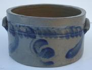 S626 Cobalt-Decorated Stoneware Cake Crock Pennslyvania origin, circa 1875,  applied handles, Measurement 8" diameter x 4 1/2" tall