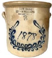 G103 Scarce three-Gallon Stoneware Crock with Cobalt Date "1878" within a Wreath, Stamped "FORT EDWARD / POTTERY CO," straight-sided crock with tooled shoulder and applied lug handles, 