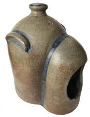 E541 19th century Two-Gallon Stoneware Chicken Waterer with Cobalt Decoration, with cobalt highlights bordering the watering trough and handles, as well as cobalt brushed on top of the knob. Contact mark to side of hooded watering trough.