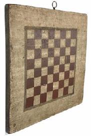 G70 Outstanding 19th century original painted checkers game board shows an outstanding original painted wood surface and is constructed from a single wide pine plank. The playing field is painted in dark red against a white background with a gray pin strip boarder