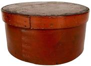 E588 19th century painted Pantry Box with wonderful tomato red paint with  very unusual. Thick constructions, with over lapping bentwood sides, secured with small metal tacks. Measurements are: . 9" diameter x 4" high