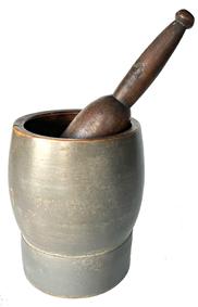 J234 19th century original gray painted Mortar and Pestle.  Each part is turned from one solid piece of wood. Both the pestle, and the interior of the mortar, retain wonderful natural patina. Very sturdy with good weight. No cracks. The Mortar measures 8� tall x 6� diameter bottom with a 2 1/4� wide band around the bottom before the sides curve around the bowl and taper back in to a 6 ¼� diameter top. Pestle appears to be original to the mortar and measures 12� long with wear indicative of years of use.