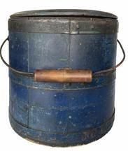 G579 Mid 19th century Shaker original blue painted, lidded wooden sugar bucket featuring iron diamond-shaped bail plates, wire bail with turned wood handle, chamfered bottom
