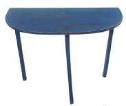 A5 Mid 19th century hepplewhite Lancaster co. Pennsylvania Demi Lune Table with original blue paint. Simple form with a T-shaped base. The center support is mortised into the apron. The wood is pine. Square head nail construction.  Measurements: 35" wide x 16 1/4" deep x 28 3/4" tall
