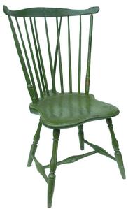 **SOLD** Y169 Late 18th century Pennsylvania Windsor braced fan back side Chair, circa 1770-1790 serpentine crest rail,seven spindle backwith turned supports,shield shaped seat and turned splayed legs with bulbous H stretcher lgreen paint with ivvory highlights.  seat heigh 17"x 35 1/2" high overall