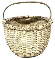 M237 Exceptionally well made tightly hand-woven gathering basket bearing its original white painted surface. This fantastic basket features double steamed and bent rims that are double wrapped and a thick, steamed and bent handle that is notched and woven into the sides of the basket. Woven bumped up bottom interior to aid with weight distribution and enhance airflow for gathered items. Great condition! Measurements: 15 x 13 ¾ top diameter x 10 tall (sides) x approximately 15 tall including handle.