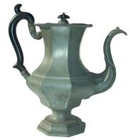 W340 Pewter Coffee Pot, Leonard, Reed, and Barton, Taunton, Massachusetts, c. 1835, hinged lid with  black painted wooden knop, flared octagonal shoulder on baluster body and octagonal base, black wooden scroll handle,  makers' marks on base,  12 1/2" tall