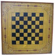  W445 American, Late 19th century Heart decorated  Game Board; surrounded by a red  border frame. Having white  scrollwork in the corners,with a interior painted boarder, with reversed hearts . Measures 17 1/2" x 17 1/2"