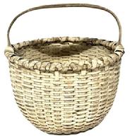 M237 Exceptionally well made tightly hand-woven gathering basket bearing its original white painted surface. This fantastic basket features double steamed and bent rims that are double wrapped and a thick, steamed and bent handle that is notched and woven into the sides of the basket. Woven bumped up bottom interior to aid with weight distribution and enhance airflow for gathered items. Great condition! Measurements: 15� x 13 &frac34;� top diameter x 10� tall (sides) x approximately 15� tall including handle. 
