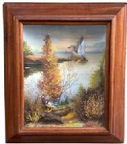 G608 Diorama of two wood ducks in a natural streamside setting. The male is standing on a piece of driftwood, the female is in flight, with wings in position of preparing to land. Signed on back "Original by R.G. Rodell - Wood Duck"