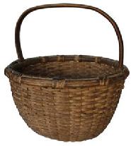 C159 MARYLAND OAK SPLINT BASKET, well woven round form with tightly wrapped rim and steamed and bent and notched handle , outstanding original dry natural patina surface. Found near Delmarva