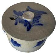 **SOLD** F154 Lidded Stoneware Cake Crock  attributed to  Remmey, Philadelphia, PA, circa 1865, squared rim, and ribbed lug handles, decorated with two large drooping floral motifs on the front and reverse. Cobalt highlights to handlethe is, decorated with brushed swags and a cobalt highlight around the knob