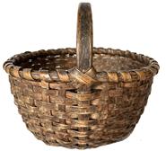 H401 Early hand-woven splint oak basket featuring a single-wrapped double-rim with notched, steamed and bent handle and bumped-up bottom. Natural patina. Very sturdy basket. Measurements: Opening is 11 ½� x 10 ¾�. Sides are 5 ¾� tall. 9� tall to top of handle.