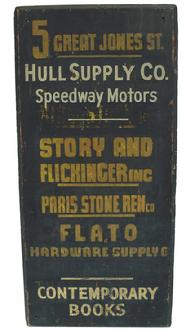 L789 Early 20th century wooden Trade Sign, adversting several business, black background with gold and white letting, painted on board