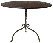 X2  Early 20th century  Beautiful  iron  Garden table, Elaborate, spiral  pedestal with a ball at the base, with  arched  legs ending in pad foot, the top of the table is held to the base by turned threads, one of a kind, hand made, great workmanship   36" diameter x 30" high