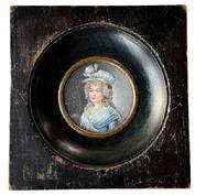 M86 Exceptional miniature Portrait of a beautifully coiffed haired lady in a blue dress with shawl and matching hat - signed G. Capet. The details are exquisitely lifelike! The artist, Marie Gabrielle-Capet (1761-1818), excelled as a portrait painter and is known for her miniature paintings, oil paintings, watercolors and pastels many of which are housed in the Louvre Museum in Paris, France. Framed measurements: 4 ½ wide x ¾ deep from wall x 4 5/8 tall. The center painting area measures 2 diameter.