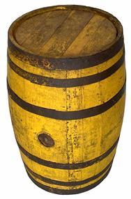 G398 Late 19th Century Pennsylvania Yellow painted wooden storage barrel with staved sides, and barrel with metal straps, plugged keg hole, possibly oak - secured by six horizontal iron bands.