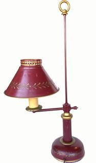 RM1225 -Vintage red Tole Student Desk Lamp with shade. French style toleware bouillotte -light desk/table lamp. This charming tole painted metal lamp is decorated with mustard paint on a red ground.