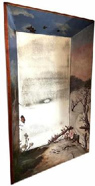 H344 Mid 19th century Large mirror with painted deep frame, the frame depicting a snowy landscape with a waterfall and birds with old looking glass, circa 1860