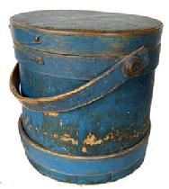 **SOLD** A117 19th century original blue painted  Covered Wooden Firkin, tongue and groove softwood staved sides, tapered lap joint wood bands,helded in place with copper tacks with bent wood handle with wood peg