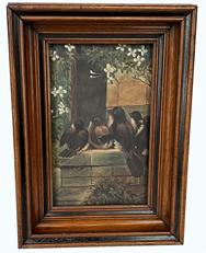 I5 Wonderful, late 19th century oil painting depicting a group of five small birds huddled together along a block wall beneath a tree bearing white blossoms.  Oil on canvas � mounted to the back of a Victorian Era shadowbox frame with tiny square head nails. Remnants of faint pencil writing visible on back � which appears to read �Christmas 1885� and �Mrs. S�..�.  The deep shadowbox frame retains what appears to be the original refinished surface with black painted accents and is small square head nail construction. Framed measurements:  9 ½� wide x 13 ¼� tall x 2 ¾� deep (frame itself is only 2� deep). The canvas measures 8� wide x ¾� thick x 10� tall. 