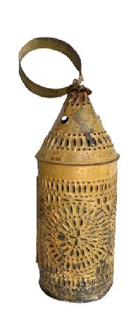**SOLD** M134 19th century punched tin Lantern, with beautiful dry mustard painted surface. Hinged door and ring at top for hanging / carrying.
