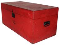 B383  19th century New England rectangular Storage Trunk with beautiful dry red paint,  with  top over conforming case,with  applied interior moldings. The trunk is fitted with iron carrying handles, lock-plate and hasp are period; 