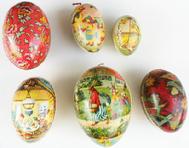 V109 Six German Cardboard Easter Eggs with paper lithograph decoration 