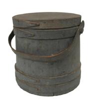 V330  Gray  original painted wooden Firkin,The Firkin sides and top are surrounded by a simple overlapping bentwood bands, secured by small copper tacks.9 1/2" diameter across the top 10"  across the bottom x 9 3/4" tall