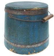 LL151 Mid 19th century,  Shaker blue painted lidded wooden pail, With iron hoops, wire bail, diamond-shaped iron bail plates, turned handle.  original blue paint, from a private collection in New York State 9 1/2" tall x 12 1/4" diameter bottom 