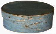 H970 Small, exceptional 19th century New England oval pantry box in its original dry light blue paint. Opposing fingered body and lid. Very sturdy. Copper tack and tiny wooden pegged construction. Clean, natural patina interior. Measurements: 4 5/8� x 3 ½� oval x 1 5/8� tall  