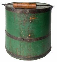 G480 Late 1800s Wood Kerosene Oil Bucket with Metal Spout. This bucket bears its beautiful original green paint with black painted iron bands. �2 GALLONS� is stenciled in black letters on the top. Original Bail handle.