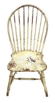 L121 19th century Pennsylvania Bow Back Windsor chair with nine spindle back and bamboo turnings in old white over original red painted surface. Great wear from years of use. Measurements: 16 ¾ wide across front of seat x 16 ½ deep seat x 37 ½ tall back. The seat is 16 ½ tall.