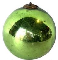 G889 Large Green ball Kugel ornament - Hand blown glass - nice weight and great condition with original cap and ring. Made in Germany between 1840 and early 1900. The green color is achieved by adding trace amounts of metal (iron) to the molten glass before it is blown into the spherical shape.