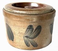 **SOLD** H953 Stoneware crock Butter Tub with lid, probably Pennsylvania, with cobalt floral sprays. Provenance: from a private Pennsylvania Estate. Measurements: 7 1/4" diameter x 5" tall.