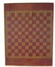 D178 Painted pine gameboard, 19th c., retaining its original red and yellow paint 