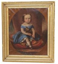 G253 American School, 19th Century Portrait of a Girl in a blue Dress holding her small cat, Oil on canvas, Boston Ma .