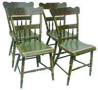 W335 Set of four, early 19th c. Lancaster County  Pennsylvania  paint decorated  chairs. Shaped crest rail with bird and fruit painting over half rail and turned spindles. .32 1/4" tall x 16 1/2" seat to floor