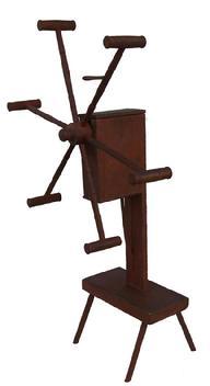 X529 19th century  six arm wooden Yarn Winder, four legs supporting a platform and frame, wooden gear shaft enclosed in a box frame dry surface,