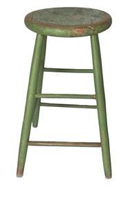 **SOLD** S477 19th century tall stool with the old dry apple green paint boasting a thick round top and great splay to legs. Nice and sturdy. Circa 1860. Measurements:  12 ¾ diameter seat x 23 ½ tall.