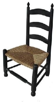D127 18th century Eastern Shore Virginia (circa 1760 - 1780 ) ,Child's ladder back chair, with the original black paint, three slats in the back that are pegged, with a nice little finial on top.